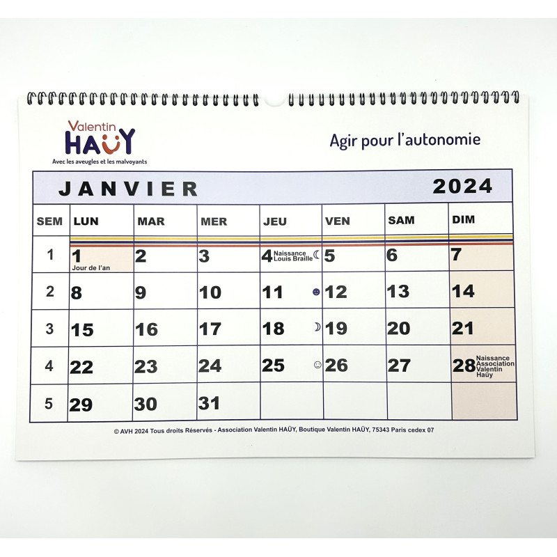 Calendrier grands caractères format A3+ pour malvoyants- Avh