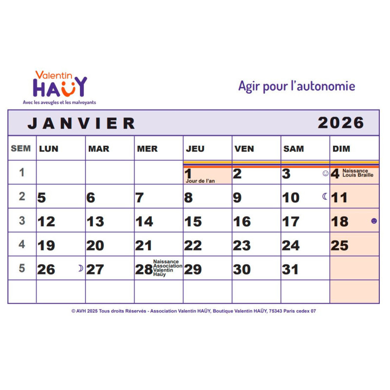 Calendrier grands caractères format A3+ pour malvoyants- Avh - image 1 sur 2