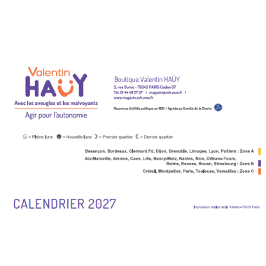 Calendrier grands caractères format A3+ pour malvoyants- Avh